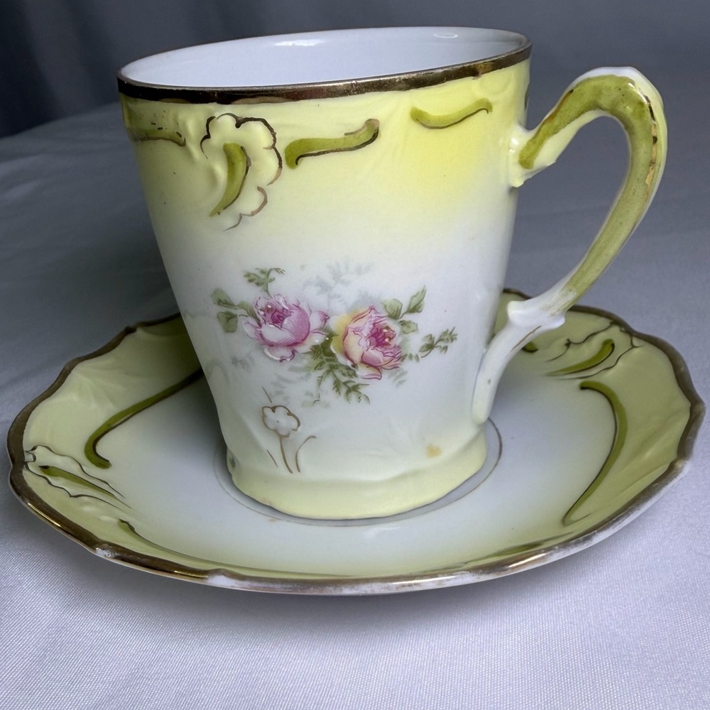 Antique Porcelain Prussia Style Hand-Painted Yellow & Green Rose Teacup & Saucer